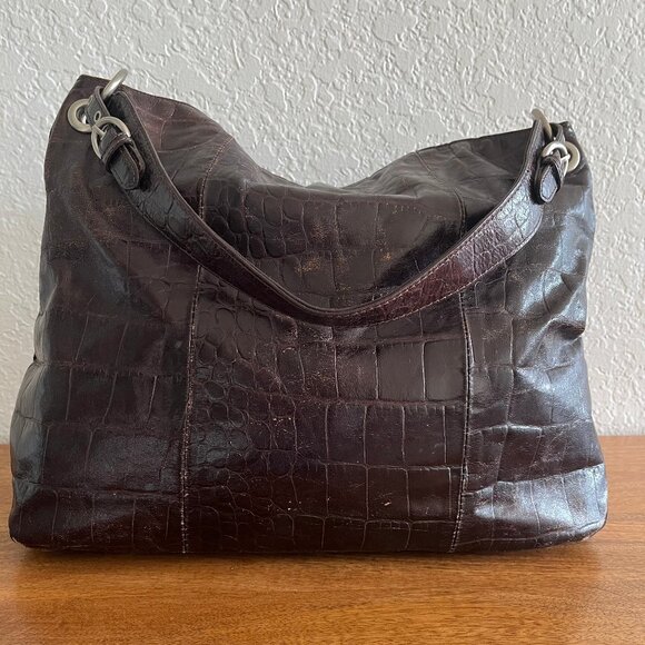 Franco Sarto Distressed Vegan Brown Glazed Embossed Croc Hobo Sholder Handbag - Picture 7 of 16